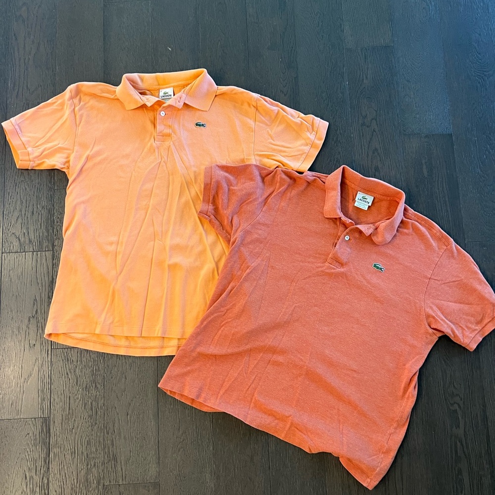 Lacoste 2 orange polos size 6 fits like large